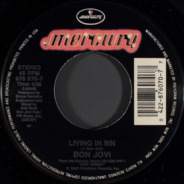 Bon Jovi : Living In Sin (7", Single, Spe)