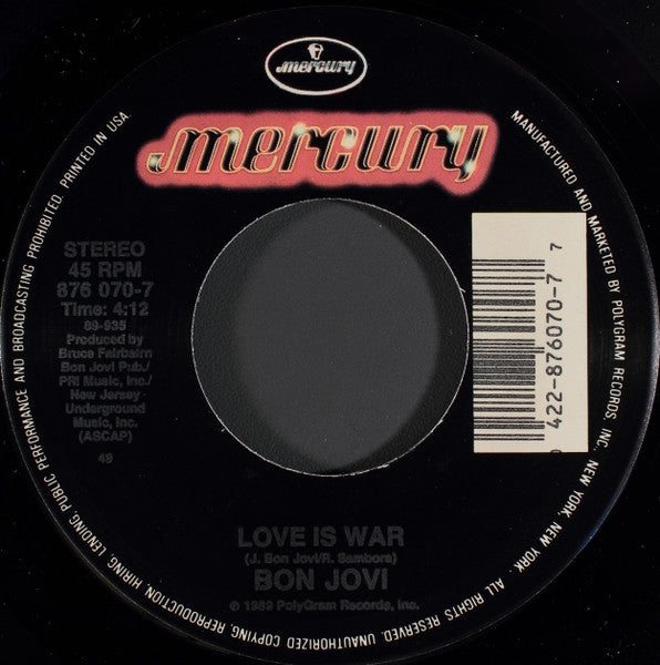 Bon Jovi : Living In Sin (7", Single, Spe)