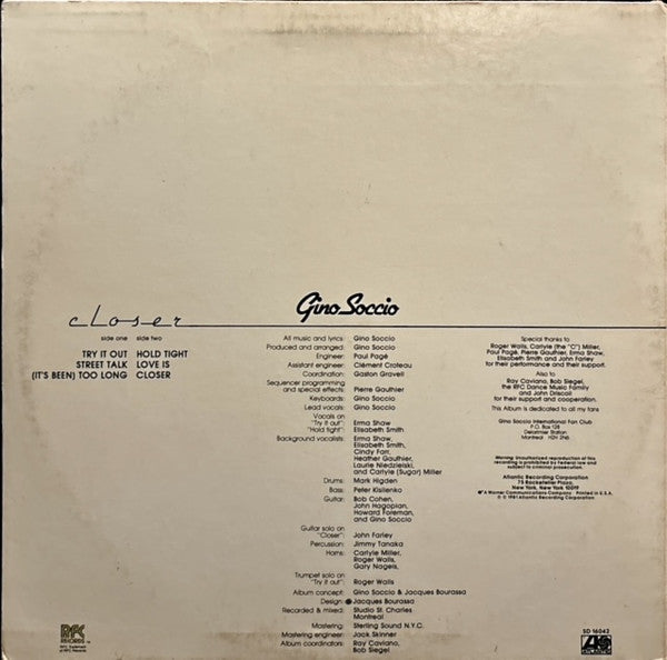 Gino Soccio : Closer (LP, Album, Promo)