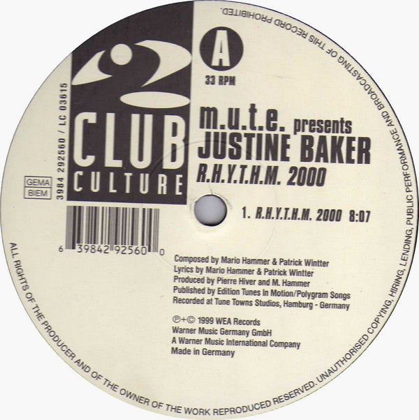 M.U.T.E. Presents Justine Baker : R.H.Y.T.H.M. 2000 / Some For The Clubs (12")