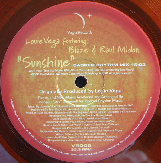 Louie Vega Presents Blaze & Raul Midon* : Sunshine (Extended Length) (12", S/Sided, Ltd, Ora)