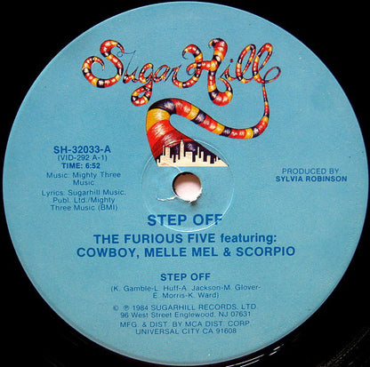 The Furious Five Featuring Cowboy, Melle Mel & Scorpio (3) : Step Off (12", RP, Pin)