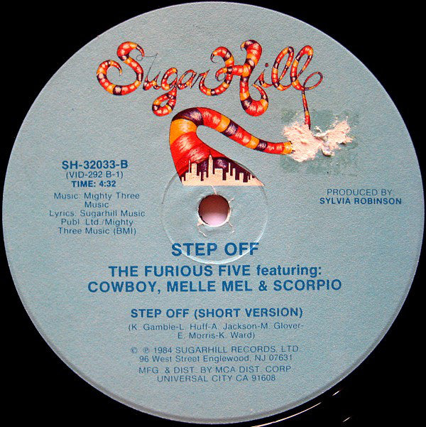 The Furious Five Featuring Cowboy, Melle Mel & Scorpio (3) : Step Off (12", RP, Pin)