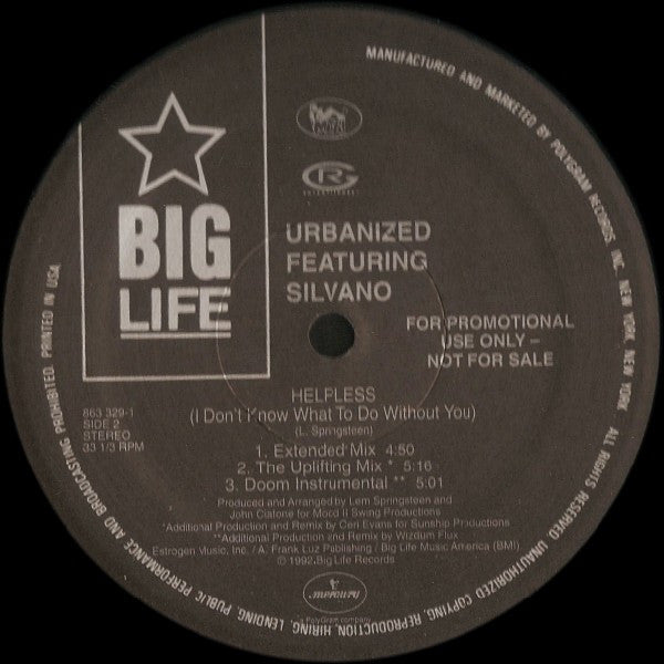 Urbanized Featuring Silvano : Helpless (I Don't Know What To Do Without You) (12", Promo)