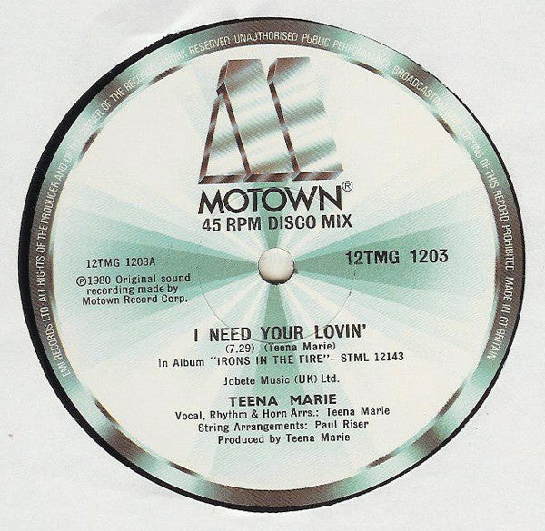 Teena Marie : I Need Your Lovin' (12", Single)