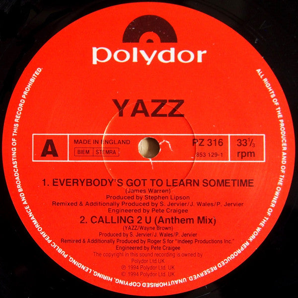Yazz : Everybody's Got To Learn Sometime / Calling 2 U (12", Single)
