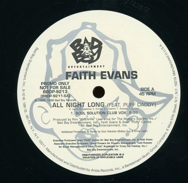 Faith Evans Feat. Puff Daddy : All Night Long (House Mixes) (12", Promo)