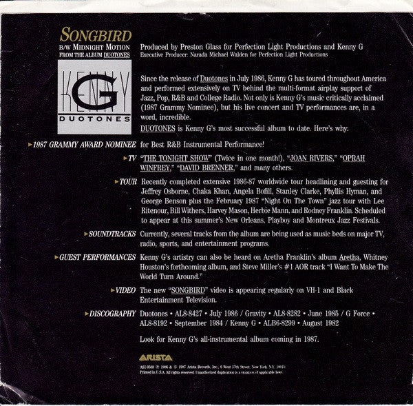 Kenny G (2) : Songbird (7", Single)