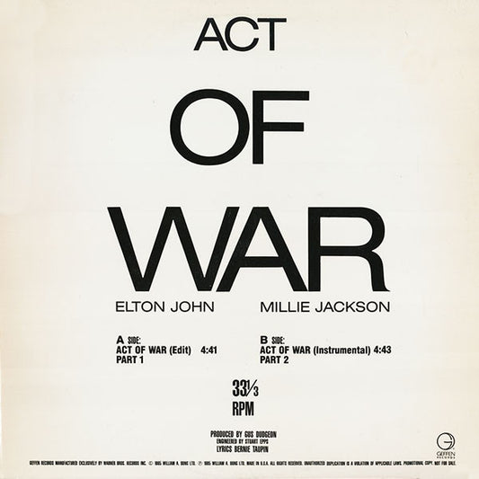 Elton John / Millie Jackson : Act Of War (12", Maxi, Promo)