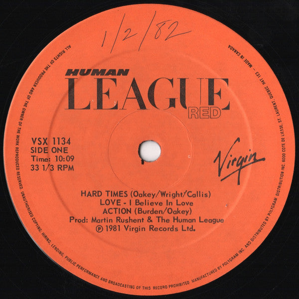 The Human League : Hard Times / Love Action (I Believe In Love) (12", Single, Ltd)