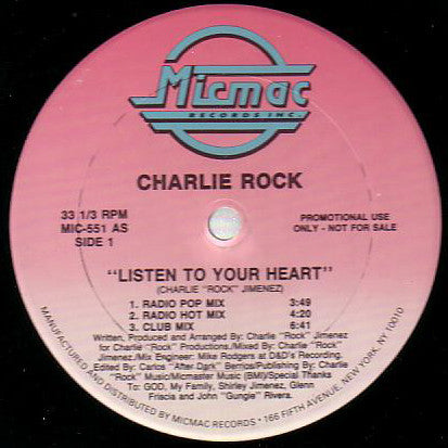 Charlie Rock : Listen To Your Heart (12", Promo)