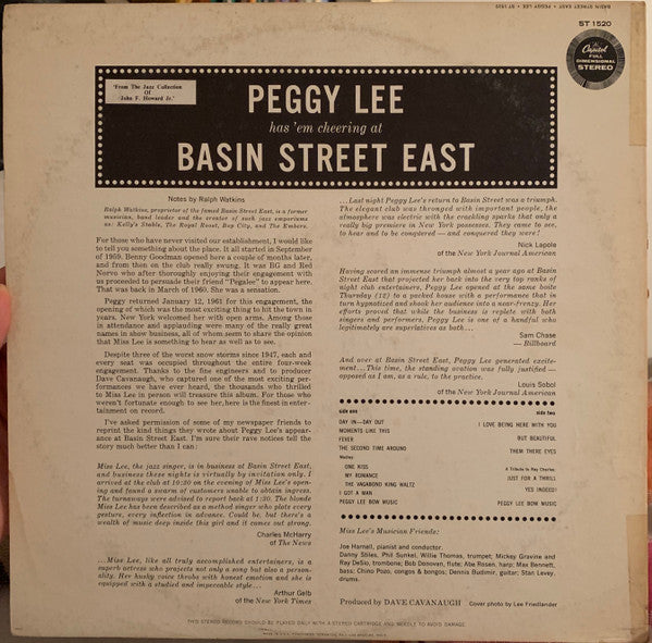 Peggy Lee : Basin Street East Proudly Presents Miss Peggy Lee Recorded At The Fabulous New York Club (LP, Album, Scr)