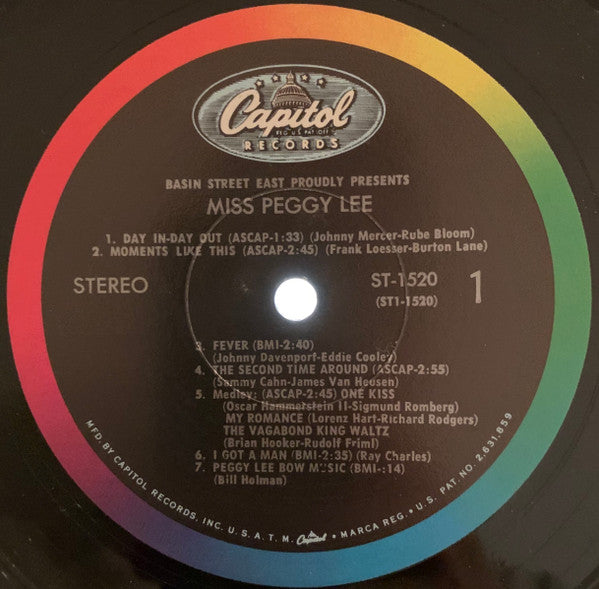 Peggy Lee : Basin Street East Proudly Presents Miss Peggy Lee Recorded At The Fabulous New York Club (LP, Album, Scr)