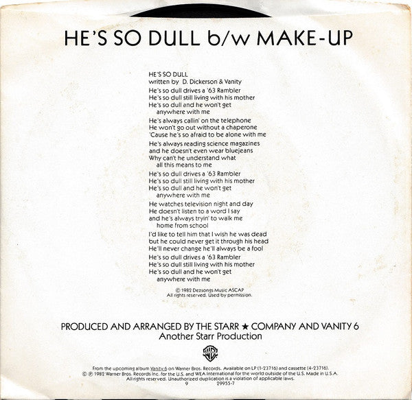 Vanity 6 : He's So Dull (7", Mono, Promo)