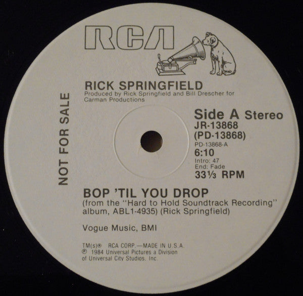 Rick Springfield : Bop 'Til You Drop (12", Promo)