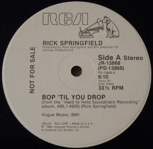 Rick Springfield : Bop 'Til You Drop (12", Promo)