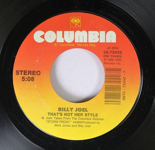 Billy Joel : That's Not Her Style (7", Single, Styrene, Car)