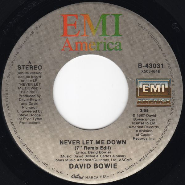 David Bowie : Never Let Me Down (Single Version) (7", Single)