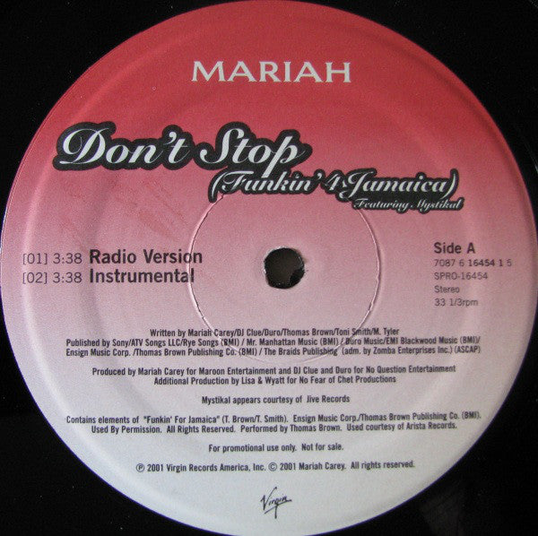 Mariah* : Don't Stop (Funkin' 4 Jamaica) (12", Single, Promo)