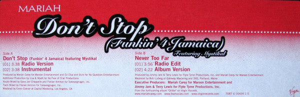 Mariah* : Don't Stop (Funkin' 4 Jamaica) (12", Single, Promo)