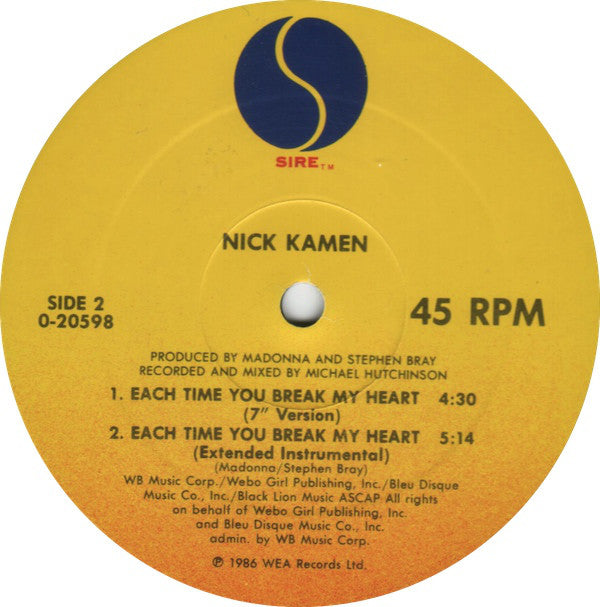 Nick Kamen : Each Time You Break My Heart (12", Maxi)