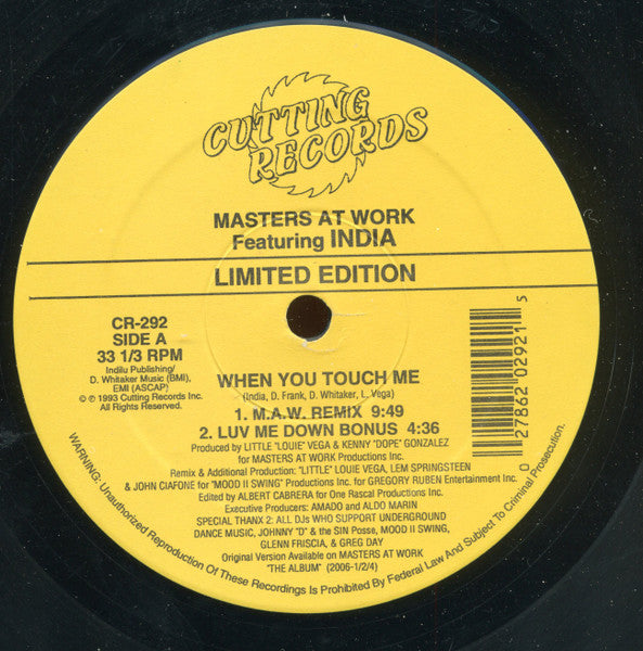 Masters At Work Featuring India : When You Touch Me (Remix) (12", Ltd)