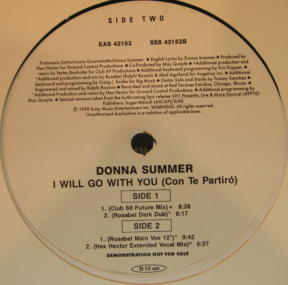 Donna Summer : I Will Go With You (Con Te Partiró) (Promo #1) (12", Promo)