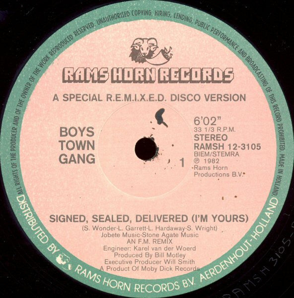 Boys Town Gang : Signed, Sealed, Delivered  (A Special R.E.M.I.X.E.D. Disco Version) (12")