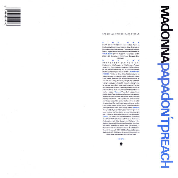 Madonna : Papa Don't Preach (12", Maxi, SRC)