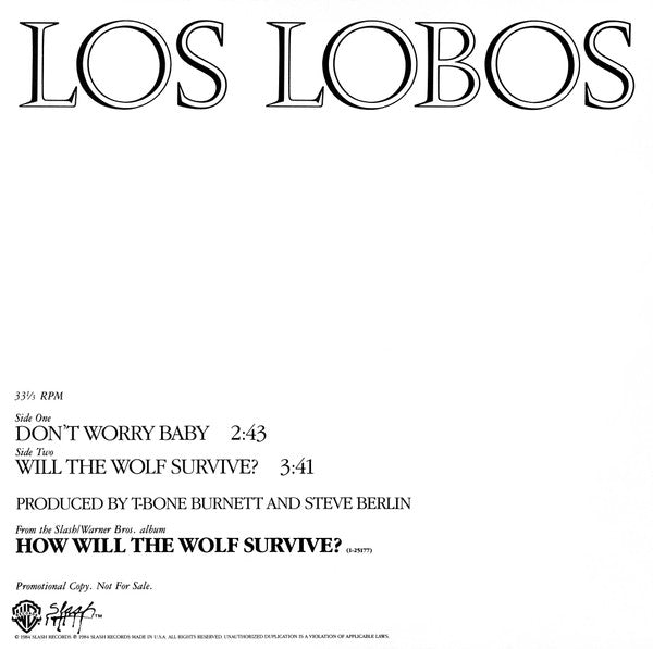 Los Lobos : Don't Worry Baby / Will The Wolf Survive (12", Single, Promo)