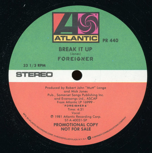 Foreigner : Break It Up (12", Promo)