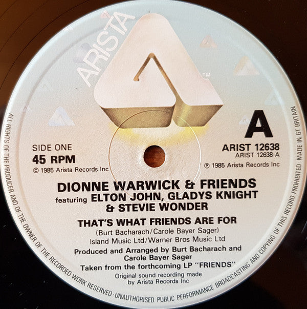 Dionne & Friends Featuring Elton John, Gladys Knight And Stevie Wonder : That's What Friends Are For (12", Single)