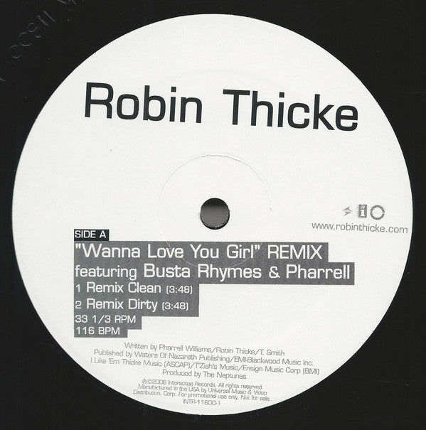 Robin Thicke Featuring Busta Rhymes & Pharrell* : Wanna Love You Girl (Remix) (12", Promo)