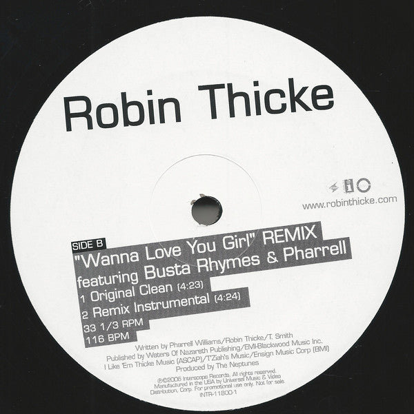 Robin Thicke Featuring Busta Rhymes & Pharrell* : Wanna Love You Girl (Remix) (12", Promo)