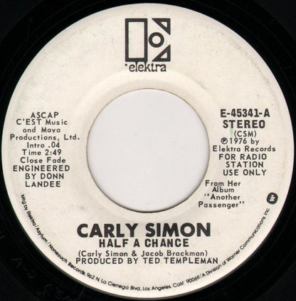 Carly Simon : Half A Chance (7", Mono, Promo)