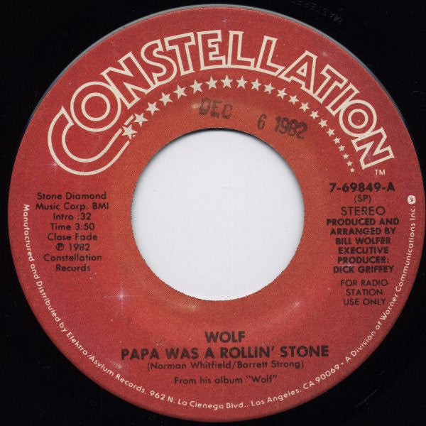 Wolf* : Papa Was A Rollin' Stone (7", Mono, Promo, SP )
