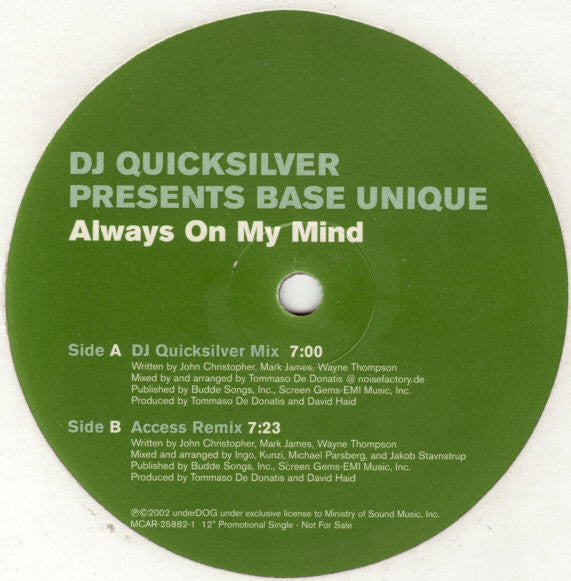 DJ Quicksilver Presents Base Unique : Always On My Mind (12", Promo)