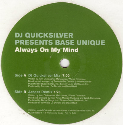 DJ Quicksilver Presents Base Unique : Always On My Mind (12", Promo)