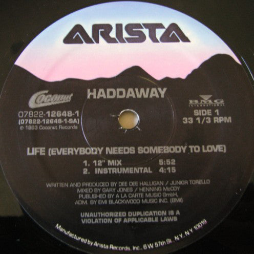 Haddaway : Life (Everybody Needs Somebody To Love) (12")