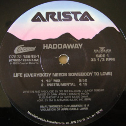 Haddaway : Life (Everybody Needs Somebody To Love) (12")