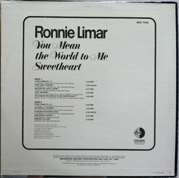 Ronnie Limar : You Mean The World To Me Sweetheart (LP, Album)
