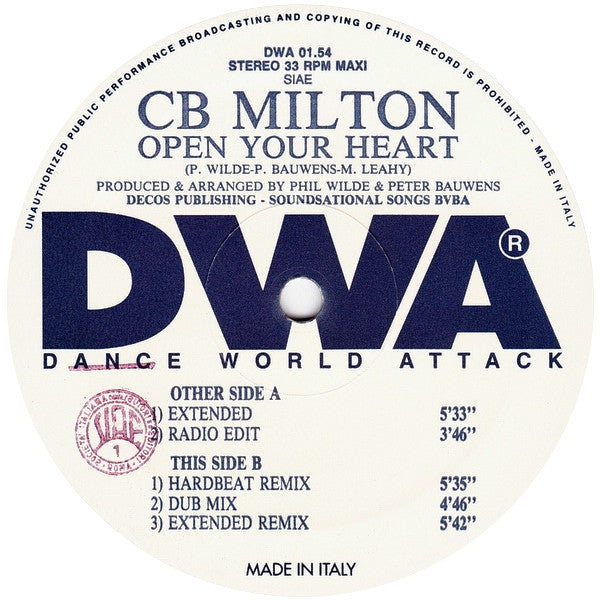 CB Milton : Open Your Heart (12", Maxi)