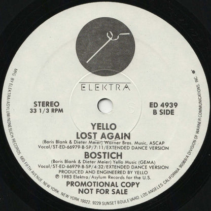 Yello : Pumping Velvet / No More Words / Lost Again / Bostich (12", Promo, SP)