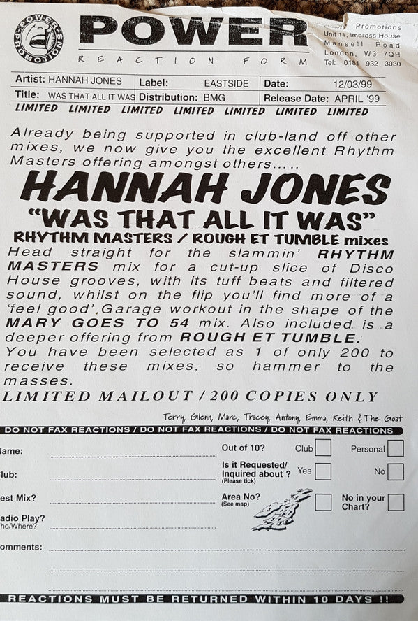 Hannah Jones : Was That All It Was (Rhythm Masters / Rough Et Tumble Mixes) (12")