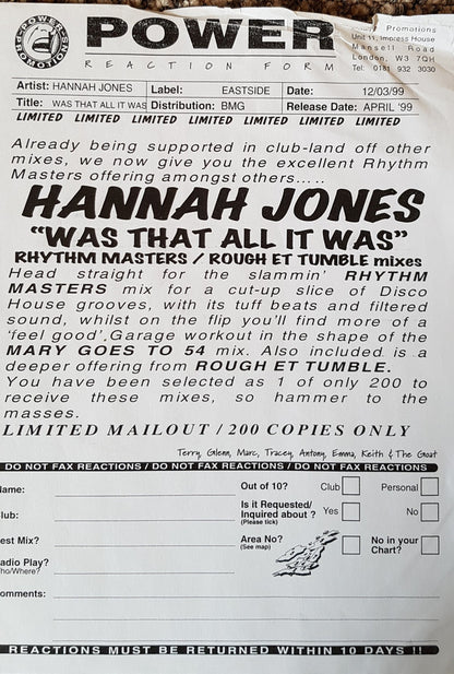 Hannah Jones : Was That All It Was (Rhythm Masters / Rough Et Tumble Mixes) (12")