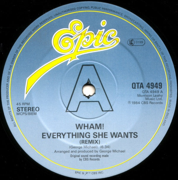 Wham! : Everything She Wants (Remix) / Last Christmas (Pudding Mix) (12", Single)