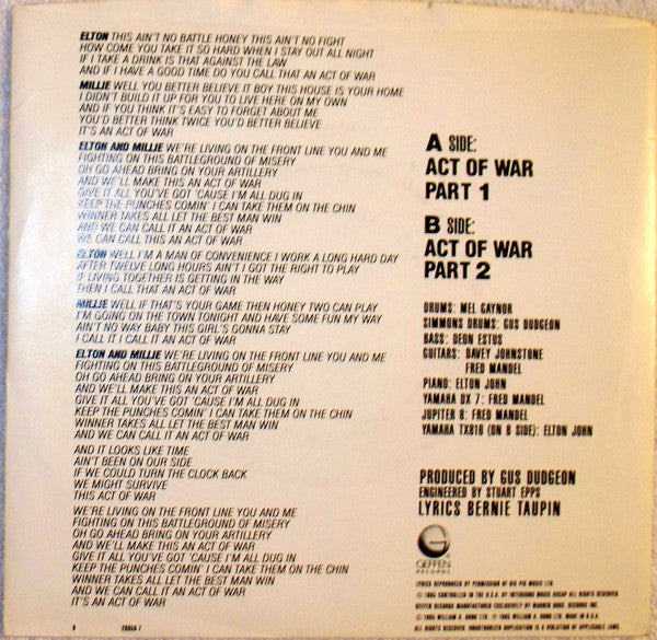 Elton John &  Millie Jackson : Act Of War (7", Single, Spe)