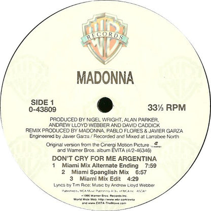 Madonna : Don't Cry For Me Argentina (12")