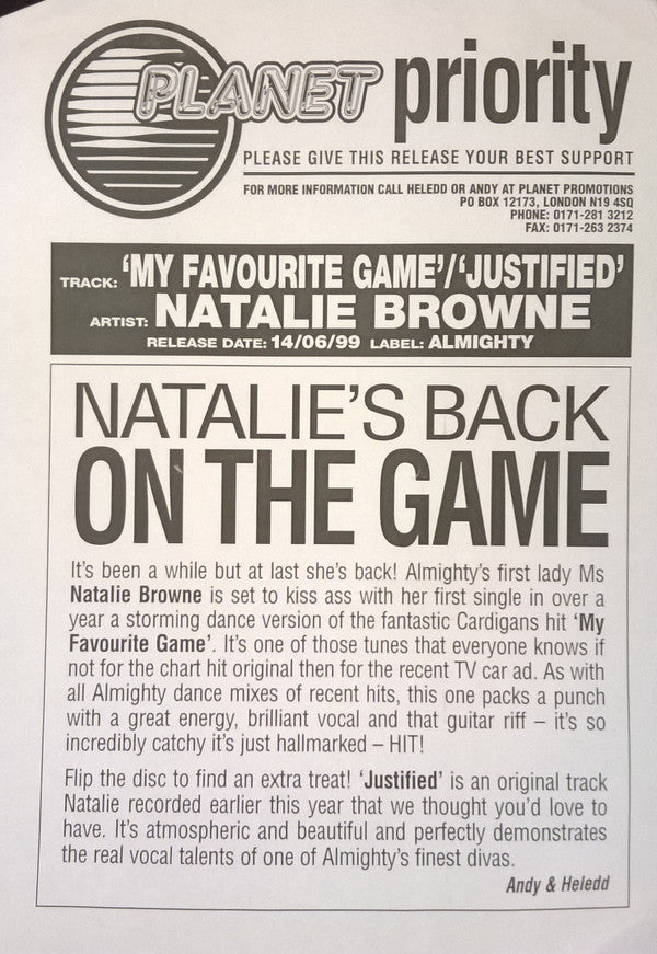 Natalie Browne : My Favourite Game / Justified (12")