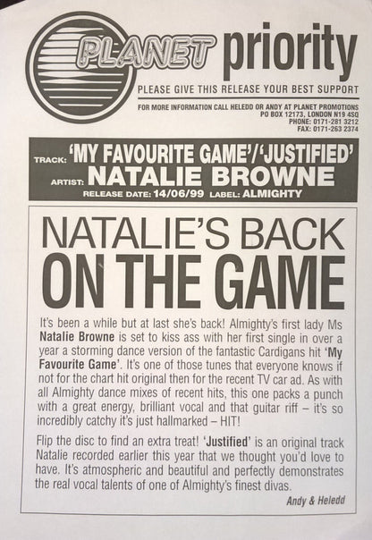 Natalie Browne : My Favourite Game / Justified (12")